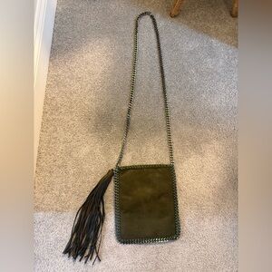 INZI Olive Green Faux Suede Shimmered Crossbody w Chain Strap and Tassel NWOT